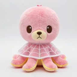 a cute pink with yellow color accents octopus plush wearing a sheer bat poncho with spider webbing pattern, normal arms, by the sanrio company, real, in collaboration with build a bear company, kawaii, in the style of animal crossing by nintendo
