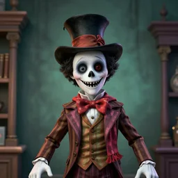 a Pop Wonder scary horror themed goofy-hilarious-character Jack-Frost-Babadook-scarecrow-madhatter-williewonka-wearing a scarf, 3-piece-suit, dime-store-comic drawn with charcoal and pen and ink, half-tone-line-stacking