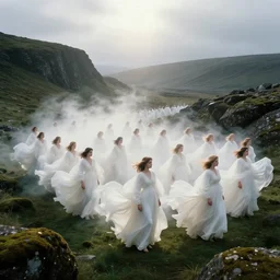 bright and moody 1 9 7 0's artistic technicolor spaghetti western film, a large huge group of women in a giant billowing wide long flowing waving shining bright white dresses made of white smoke, standing inside a green mossy irish rocky scenic landscape, volumetric lighting, backlit, moody, atmospheric, fog, extremely windy, soft focus