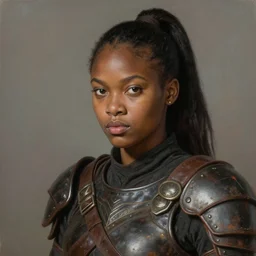 portrait painting of a round - faced black badass young woman with a ponytail wearing battered leather armor, sharp focus, award - winning, trending on artstation, masterpiece, highly detailed, intricate. art by rebecca guay