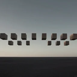 multiple boxes floating above the horizon, spread out horizontally, separated symmetrically, zdzislaw beksinski