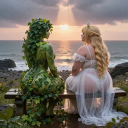 a stunning matte landscape of voluptuous poison ivy and thicc palutena in gossamer white dresses sitting on a bench watching the sunrise in the rain, rocky beach far below in the background, intricate, elegant, highly detailed, artstation, concept art, ultra sharp focus, octane render, volumetric lighting, god rays, art by jugendstil and greg rutkowski and alphonse mucha