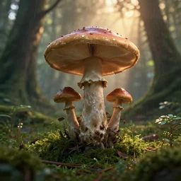 a beautiful render of a mushroom growing out of a human a skull in a rainforest, sunset lighting, intricate detail, hazy, humid, volumetric lighting, god rays, 8 k, photorealistic, raytracing effects, unreal engine 5