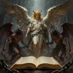 book of enoch, angels capture demons with huge chains and send them to hell, atmospheric lighting. highly detailed digital painting, by dore, trending on artstation