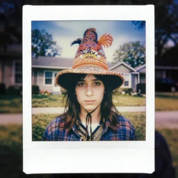 detailed color analog medium format photo made by harmony korine, polaroid photo of person in weird hat in american suburbs, high production value, intricate details, 8 k resolution, hyperrealistic, hdr, photorealistic, high definition, tehnicolor, award - winning photography, masterpiece, amazing colors,