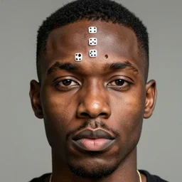 black guy photoshoot headshot. 6 holes on forehead like dice pattern