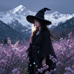 bird witch girl in the flowering snowy mountains. complementary colors, indie concept art, luminescent, bloom, 4 k, chiaroscuro, backlighting.