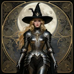symmetrical centered portrait, dark witch in front of the full big moon, blonde hair, intricate metal armour, Art Nouveau, beautiful retro Fantasy heroine 1985, intricate, elegant, highly detailed, centered, digital painting, trending on artstation, concept art, smooth, sharp focus, illustration, art by raphael lacoste, eddie mendoza, Mucha, alex ross, WLOP