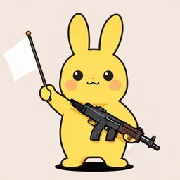 A tall, yellow, anthropomorphic rabbit, holding a trans flag in one hand and an assault rifle in the other, cute digital art, OwO