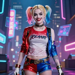 harley quinn film still of her standing, smiling, cyberpunk setting, beautiful cityscape background, neon signs, vibrant colors, holograms, 4k, digital art