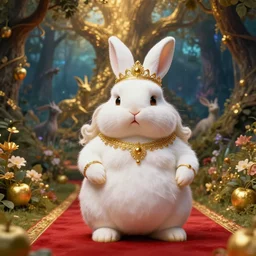 rabbit deity, fat figure, cute, elegant, furry, white, gold, warm, wearing a crown, bracelets and necklaces, red carpet, figure, realistic, hair detailing, background is heavenly, wonderland at night, the light in the deep forest full of mythical creatures of the picture, according to european art, golden sacred tree, golden apple, flower garden, hyper realistic render. den noise