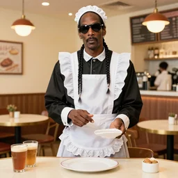 snoop dogg dressed in maid uniform working at a maid cafe, advertisement photo