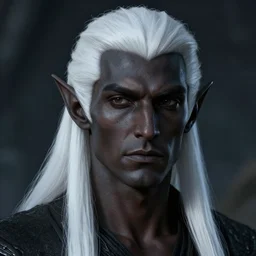 a portrait of a dark drow elf male, long length slick white hair, charcoal skin, plain expression, handsome, smooth skin, young adult in with late twenties, raised eyebrows, pointed chin, charcoal color skin, style by donato giancola, wayne reynolds, jeff easley dramatic light, high detail, cinematic lighting, artstation, dungeons and dragons