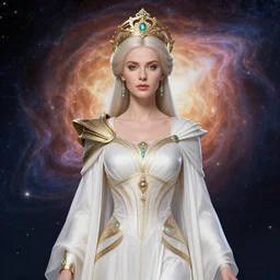portrait of the powerful empress of the solar system in the style of anna dittmann and in the style of asher duran. glowing, ornate and intricate linework, stunning, dynamic lighting, ultrafine and hyperdetailed.
