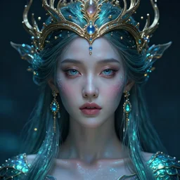 portrait of mermaid queen, zoom, close, face, fantasy, rule of thirds, atmosphere, intricate, regal, octane render, arnold render, unreal engine, lumen, symmetrical!!, loreal, maybelline, sephora, loreal, artstation, art by karol bak ( ( cinematic ) ), concept art, filmic, vsco