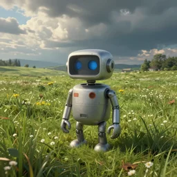 detailed cinematic wide shot of a bad robot in a green field, cute, ultra realistic, spring light, painting by gaston bussiere, craig mullins, j. c. leyendecker