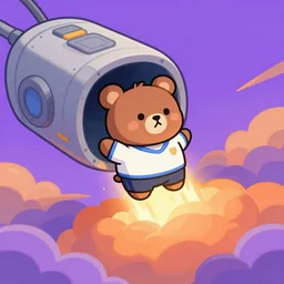 cartoon bear wearing clothes being launched out of a futuristic machine into a purple and orange cloud land