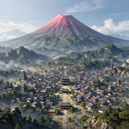 a powerful japanese village high in mountains, fanart arstation 3 d, volcano, highly detailed, concept art by greg rutkowski, fantastic landscape, sharp, intricate detail, volumetric lighting, ray tracing, 8 k,