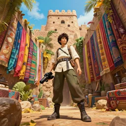 grounded camera low angle arabian marketplace skyup vivid tissu color fabric greeble block jungle dirt wall fortress pixar and hayao miyazaki, unreal 5, daz, hyperrealistic, octane render, cosplay, rpg portrait, dynamic lighting, intricate detail, harvest fall vibrancy, cinematic