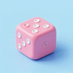 Very tiny pink dice that looks like a iOS emoji 3D clay render, 4k UHD, light blue background, isometric top down left view, diffuse lighting, zoomed out very far