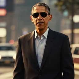 barrack obama as cj with sunglasses in gta san andreas, movie still, cinematic lighting, ray tracing, octane render, long lens, shallow depth of field, bokeh, anamorphic lens flare, 8 k, hyper detailed, 3 5 mm film grain