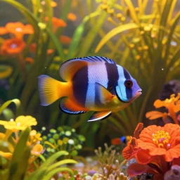 a tropical fish in a world full of bright flowers and plants, digital art, warm lighting, trending on artstation, hdr