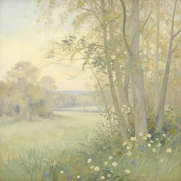 elaborate, vivid by edward burne - jones, by charles gwathmey. a illustration of a beautiful landscape, delicate brushstrokes. peaceful & serene, with a gentle breeze blowing through the trees & flowers. colors are muted & gentle, calm & tranquility. well balanced & harmonious. color & composition, pleasing to the eye & calming to the soul.