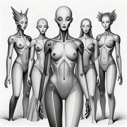 Geometrically surreal Artificially Intelligent beings, extremely high detail, photorealistic, intricate line drawings, dotart, album art in the style of James Jean