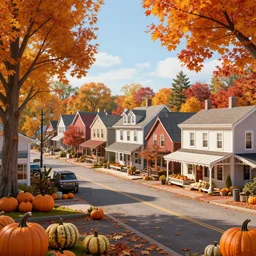 small new england town with shops and pumpkins, maple trees with fall foliage, volumetric, realistic, cinematic lighting, ray tracing, unreal engine 5, octane render, hyper realistic, photo, 8 k