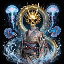 3 d dragon, portrait, astral projection, with golden skull. beautiful intricately detailed japanese fractal kitsune and clasical japanese kimono. betta fish, jellyfish fractal, bio luminescent, plasma, ice, water, wind, creature, mandelbulb, fractal, artwork by tooth wu and wlop and beeple and greg rutkowski