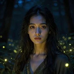 goddess of the night surrounded by fireflies, wide angle view, cushart krenz, very detailed, realistic face, detailed face, matte, tonemapping, perfection, 4 k