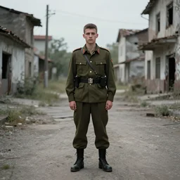 A Young man in a military uniform, standing in the middle of the street, in an abandoned town, by Greg rutkowski, 4k, trending on artstation