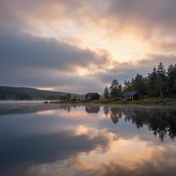 landscape photography by jimmy nelson, swedish lake, very early sunrise, dramatic lighting, small house by the lake, soft clouds, beautiful reflections, unreal engine 8 k