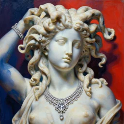 a beautiful painting lovely marble statue medusa, jewelry, diamond jewelry. by ukiyo - e award - winning art, andy warhol color, dramatic light, octane render