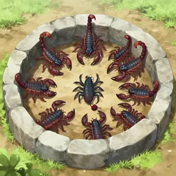 “a stone pit with 10 scorpions 🦂, anime key visual”
