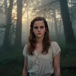 portrait of emma watson, tarkovsky film, kodachrome, dense forest, long brown hair, cloth, heavy fog, hudson river school, 4 k, dramatic lighting, sunrise, hayao miyazaki, masashi ando, nizou yamamoto, kazuo oga, joe hisaishi, yoji takeshige, naoya tanaka