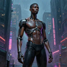 black male cyborg body modifications hd albert bierstadt painting low perspective! cyberpunk city neon rain
