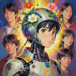 surreal gouache painting, by yoshitaka amano, by ruan jia, by conrad roset, by Kilian Eng, by good smile company, detailed anime 3d render of a mechanical android head with flowers growing out, portrait, cgsociety, artstation, modular patterned mechanical costume and headpiece, retrowave atmosphere