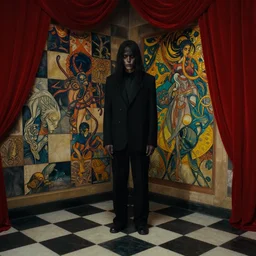 extremely detailed checkerboard movie shot closeup portrait of a dark bizarre figure standing in the corner of a checkerboard checkerboard room by denis villenueve, yves tanguy, lovecraft, roger dean, amano, mucha, tentacles, dynamic composition, rich moody colours, red drapes