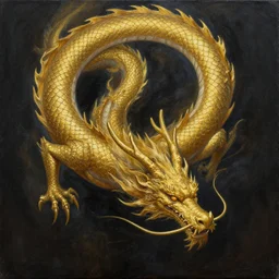 Divine Golden Dragon Descends from the Skies, Acrylic painting, Dark Fantasy, Medieval, Scales, trending on Artstation, trending on Deviantart, artstationHQ, artstationHD, full color, by Kentaro Miura
