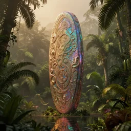 giant iridescent monolith in lush tropical jungle, foggy, moody, warm tones, water reflection : : by jeff koons, dan mcpharlin daniel merrian : : ornate, dynamic, particulate, rich colors, intricate, elegant, highly detailed, centered, artstation, smooth, sharp focus, octane render, 3 d
