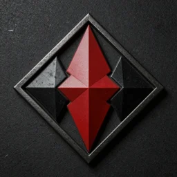 a dark desaturated photograph of a military insignia with three interlocking diamonds, red central geometric shape, glossy black liquid latex, asphalt and metal, intricate black metal logo, designed by helmut lang and junya watanabe, asymmetrical cinematic composition, 8k hyperrealistic, hyper-detailed, 10mm camera, highly textured, dark volumetric lighting, fine details, muted, octane render — h 768