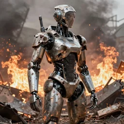 a female humanoid robot in a destroyed warzone, damaged armor, vfx, fire, warzone, flames, scrap metal, dirty, dinged, scratched, damaged, complex lighting, trending on artstation, VFX, movie, nvidia, detailed, lighting, shadows