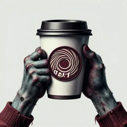 logo design, zombie arms out in front holding coffee cup, patch logo, high detail spiral design, costa