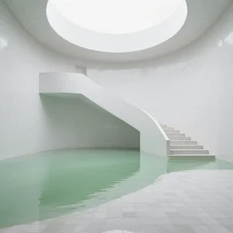a large room with surreal minimalist architecture partially flooded by slightly green water, liminal space, made of all white ceramic tiles, surreal, hallways, rounded ceiling, stairs,