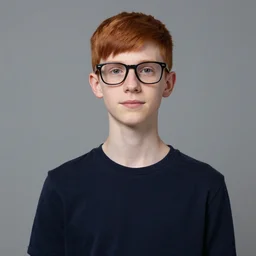 tall, skinny ginger boy with a bowl cut and black glasses