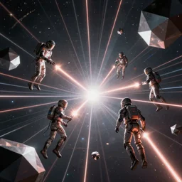 futuristic spacemen firing lasers in zero gravity, skintight suits, floating, floating polygon shapes as obstacles, surrounded by a laser grid, unreal engine, lensflares, low perspective