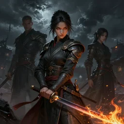 a detailed picture of a female ninja holding a flaming katana, ominous nighttime storm, fantasy, d & d, intricate, elegant, highly detailed, digital painting, artstation, concept art, matte, sharp focus, illustration, art by john collier and albert aublet and krenz cushart and artem demura and alphonse mucha