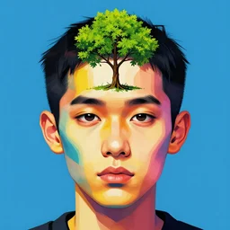 a face with a little tree growing out of forehead, beeple and james jean, aya takano color style, 4 k, super detailed, modern, 4 k, symmetrical