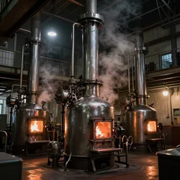 interior hf 4 vintage power plant, cockerill sambre steelworks, charleroi, belgium ; steamy atmosphere beautifully lit by furnaces and worklights ; photorealistic 8 k post processing, very detailed, moody lighting, metallic surfaces, radiosity